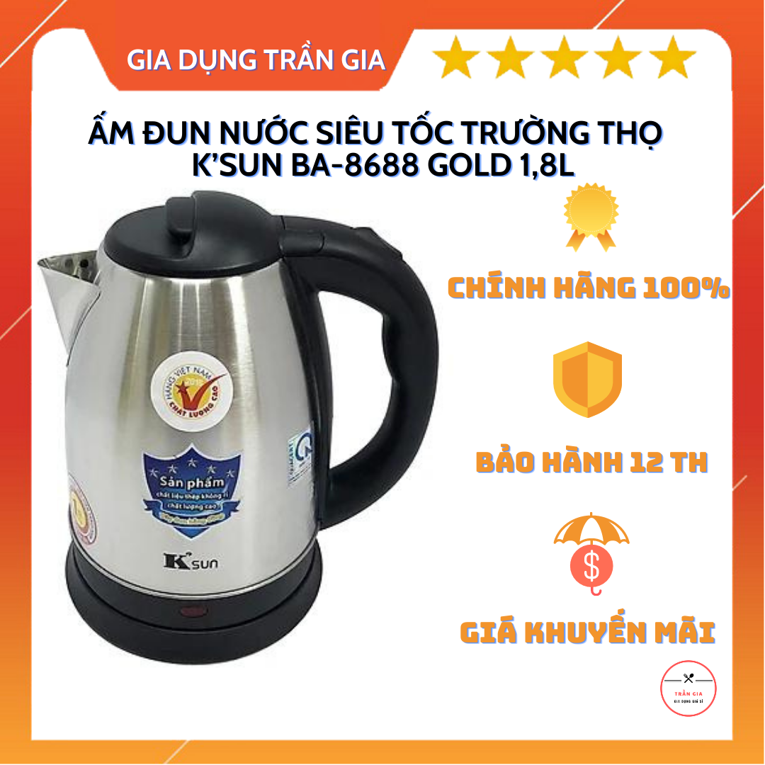 Ấm đun nước siêu tốc trường thọ k’sun ba-8688 gold 1,8l