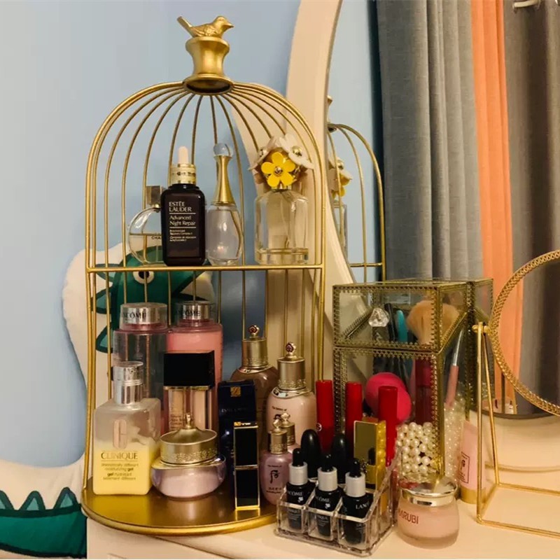 [HCM]Kệ đựng mỹ phẩm hình lồng chim 3 tầng siêu xinh để bàn phòng khách phòng ngủ màu vàng sang trọng bắt mắt