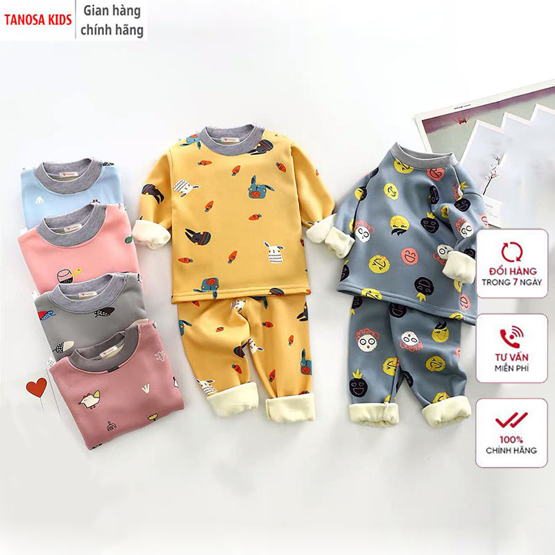 TANOSA KIDS Bộ nỉ bông in hình họa tiết ngộ nghĩnh cho bé trai bé gái dày dặn ấm áp 10-22kg