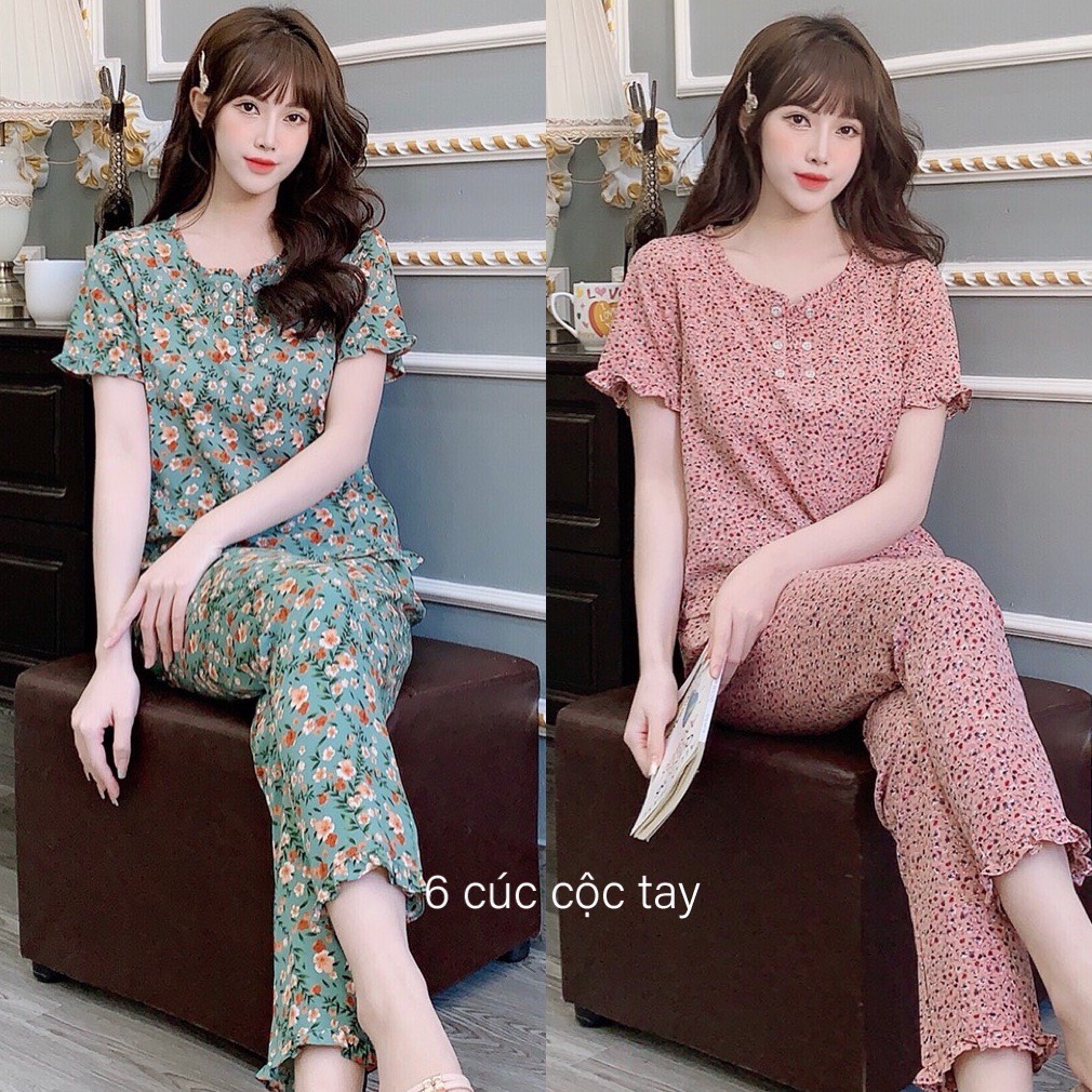 Bộ mặc nhà 6 cúc cộc tay chất lụa mềm đẹp
