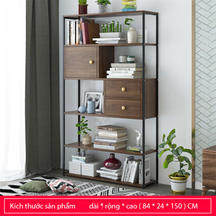 Tủ gỗ để đồ có ngăn kéo, khung sắt bền đẹp màu nâu & kem - Kệ để đồ dùng cá nhân - Giá sách đứng đa tầng nhiều ngăn