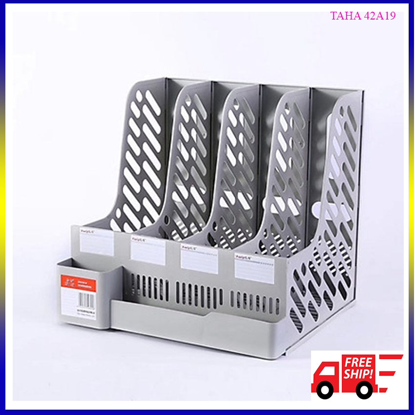 Khay đựng hồ sơ 4 ngăn, khay tài liệu 4 ngăn đứng KHSO4 TAHA 42A19 Tặng kèm 1 bút chì gọt, khay đứng có ngăn để bút và đồ tiền dụng