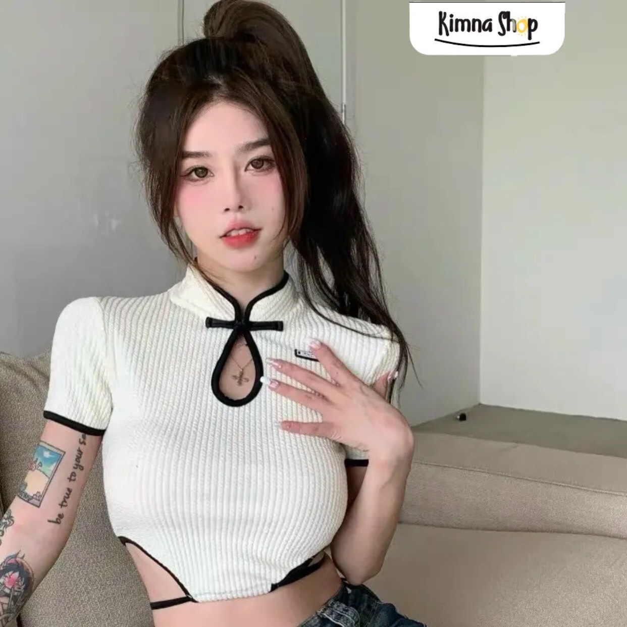 Áo Croptop Kiểu Sườn Xám Cổ Tàu Cúc Cài Dây Thắt Eo - Áo Croptop Ôm Body Dây Eo Tôn Dáng