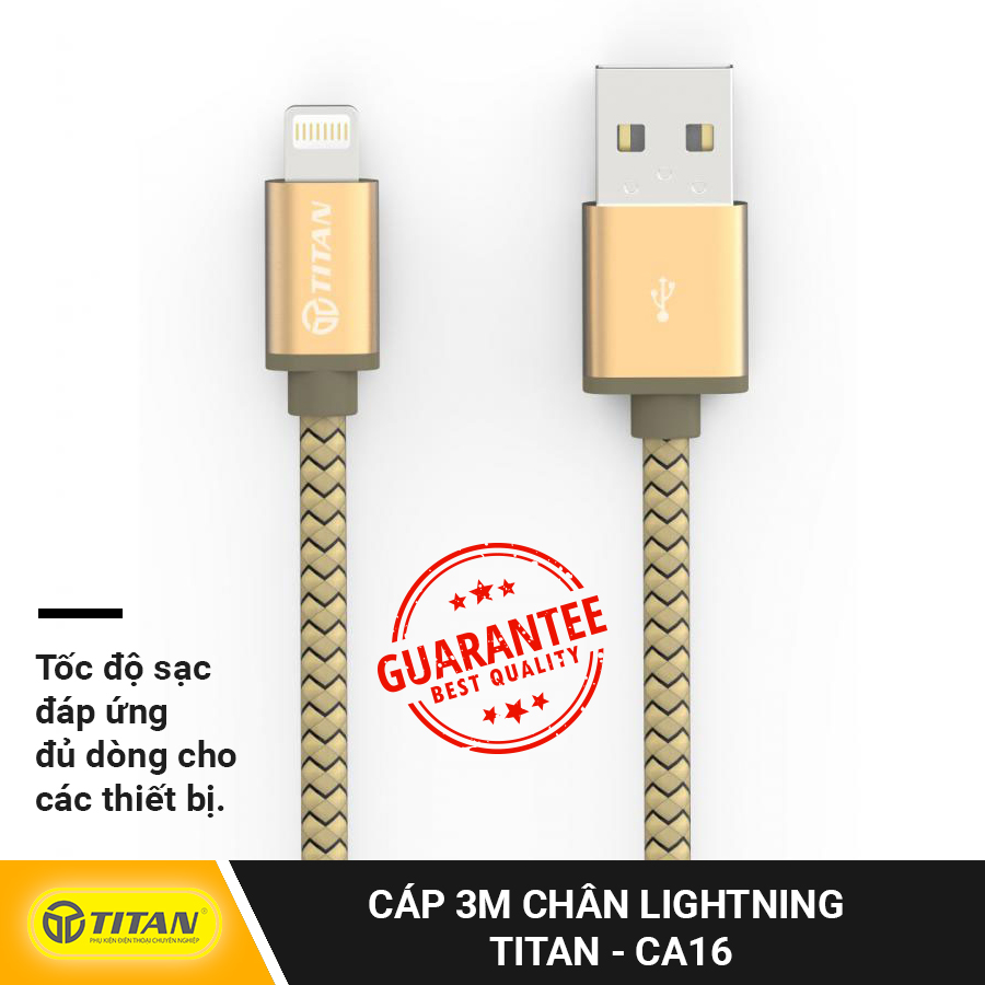 Cáp Sạc TITAN Chân Lightning dài 3m Dùng cho các dòng iPhone 5/5S/5C, iPhone SE, iPhone 6/6S, iPhone 7/7Plus, iPhone 8, iPad…