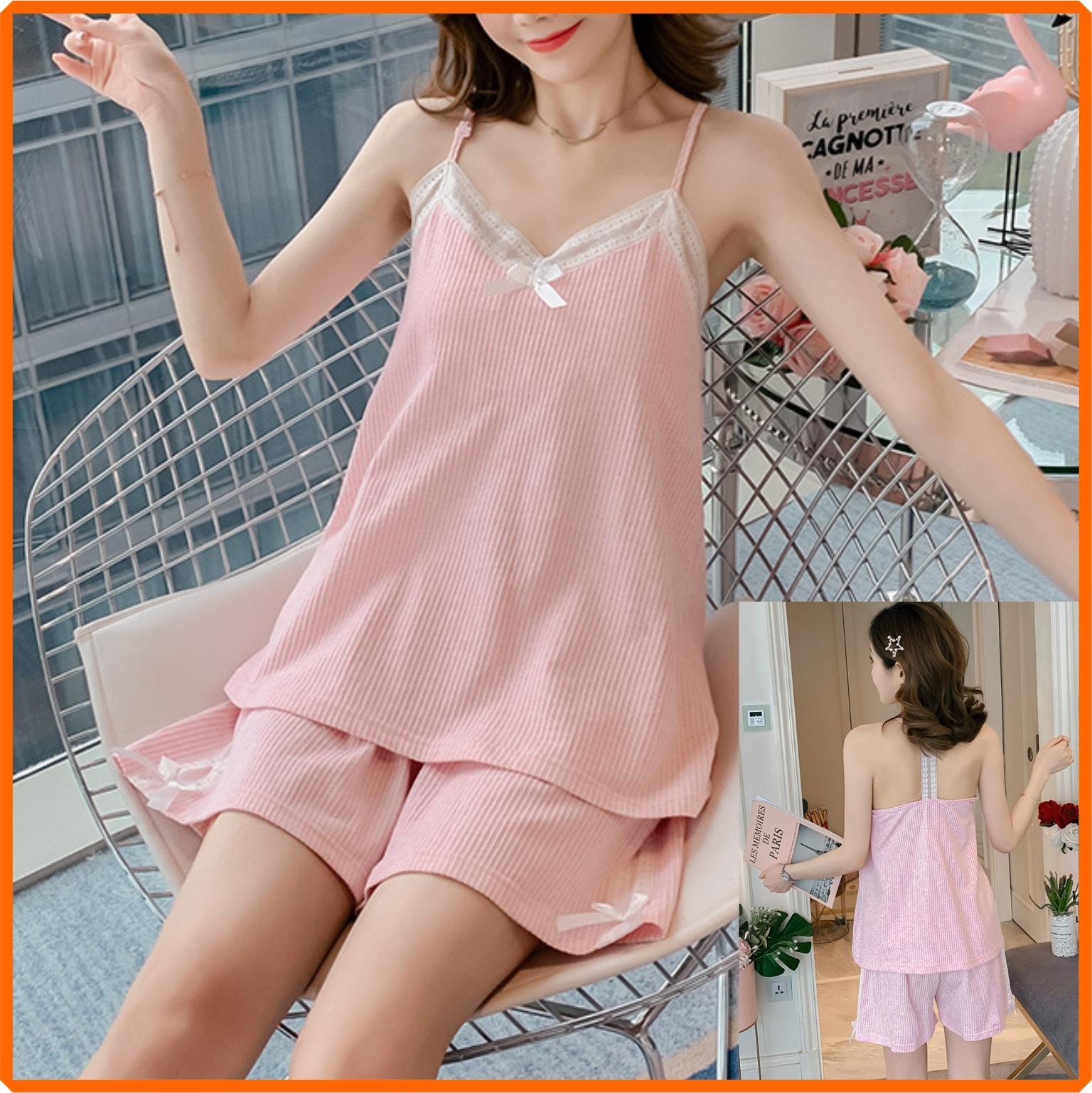 [HCM]Đồ bộ mặc nhà áo dây quần short thun cotton phối dây rất đáng yêu vừa làm đồ đi chơi bộ đồ ngủ dễ thương Macmot