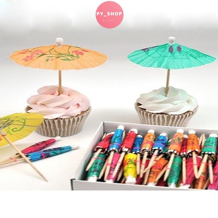 Hộp 100 Ô Dù Giấy Trang Trí Bánh Kem, Ly Cocktail, Ô Giấy Cắm Bánh