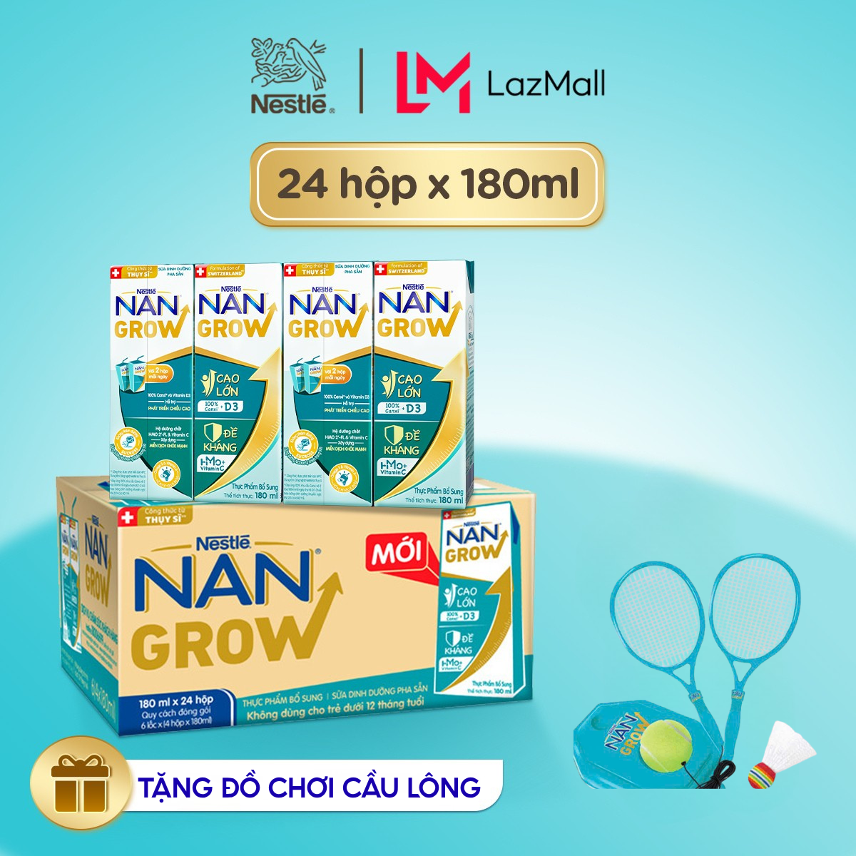 [Tặng Đồ chơi cầu lông] Thùng 24 hộp Sữa bột pha sẵn Nestlé NANGROW 180ml cho bé trên 1 tuổi - Sữa nước vị nhạt thanh