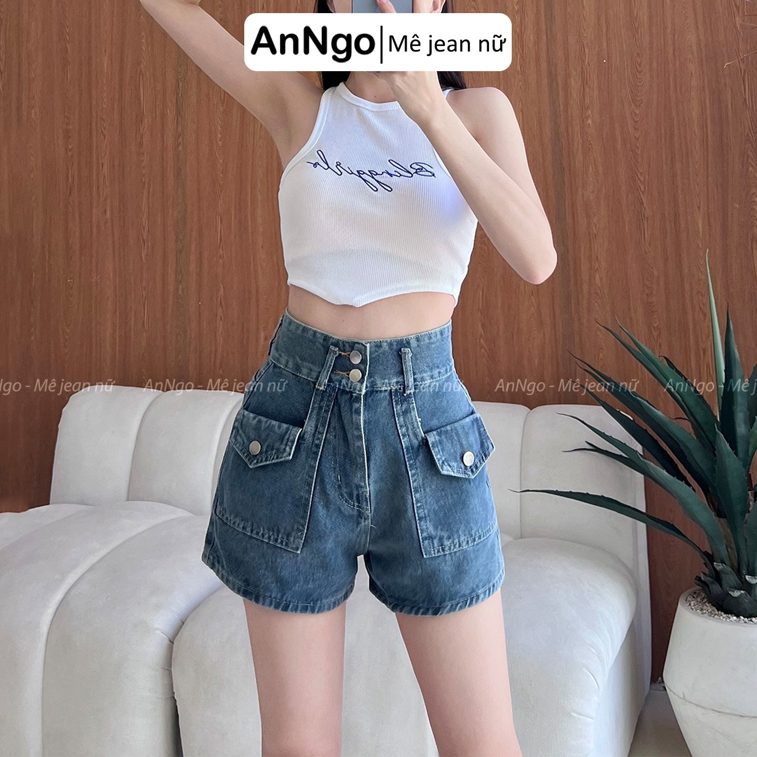 Quần short jean nữ demin, túi hộp thời trang sành điệu Anngo - AT300