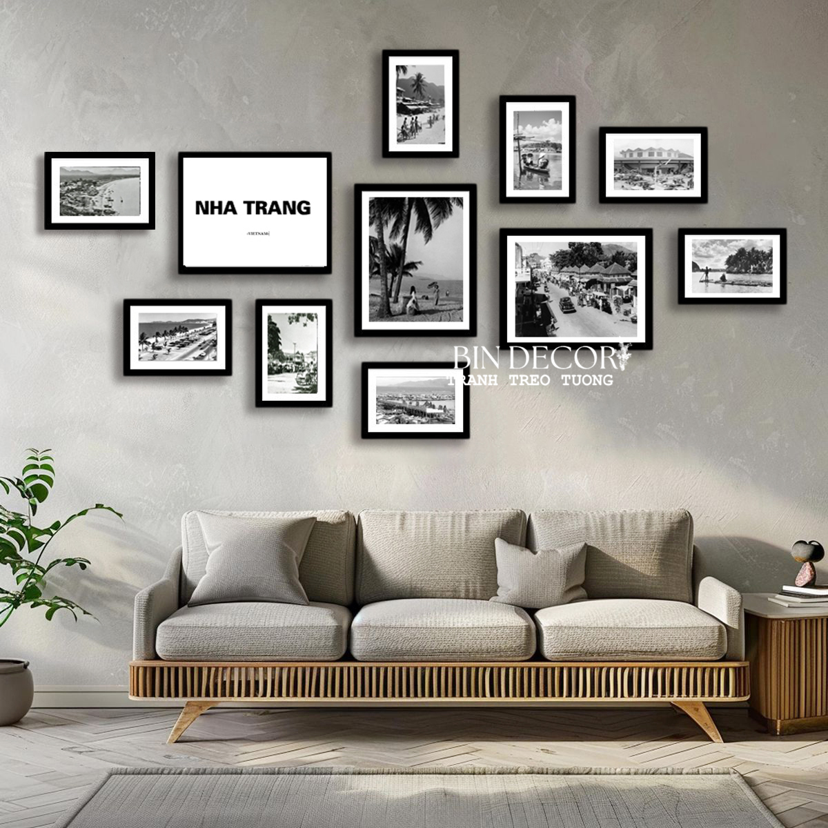 Khung ảnh treo tường nha trang trắng đen bộ 11 khung kèm đinh