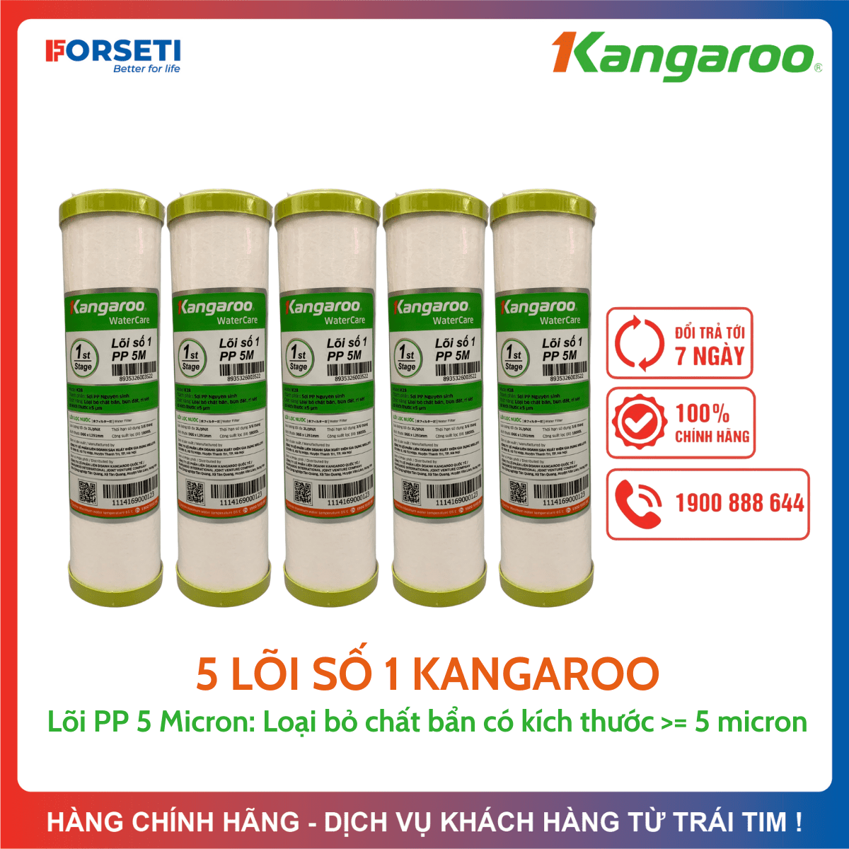 Combo 5 lõi số 1 kangaroo - pp 5 micron dùng cho các máy lọc nước dùng cốc lọc thô 10inch