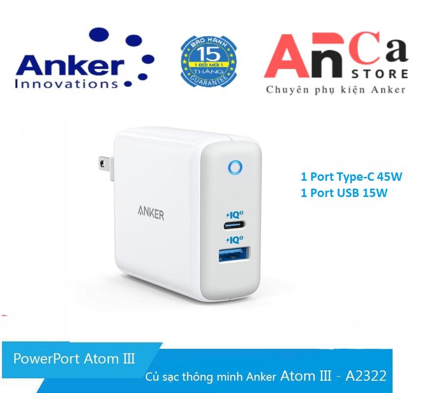 Bảo hành 15 tháng - Củ sạc nhanh Anker PowerPort Atom III 2 60W A2322 - 1 cổng Type C PD, 1 cổng IQ