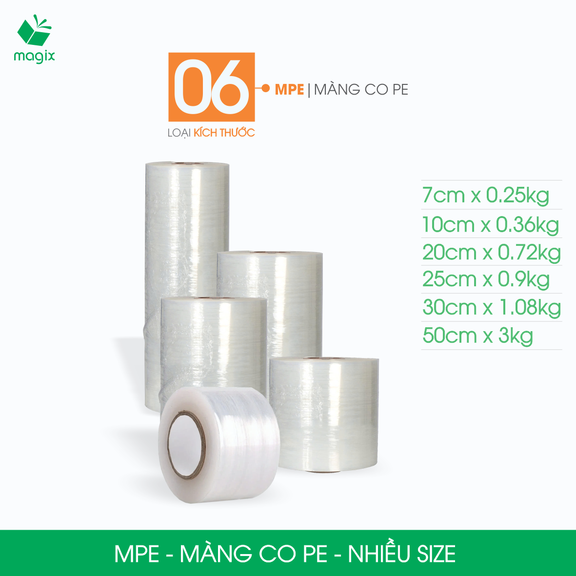 MPE1x - 1 cuộn màng co PE trong suốt - Size nhỏ trung - Cuộn màng bọc PE, màng chít quấn hàng