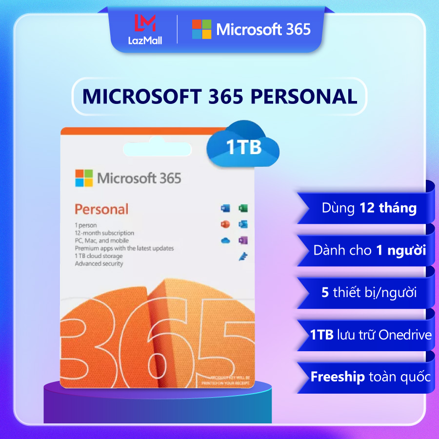 Phần mềm Microsoft Office 365 Personal | 12 tháng | Dành cho 1 người| 5 thiết bị/người | Trọn bộ ứng dụng | 1TB lưu trữ OneDrive