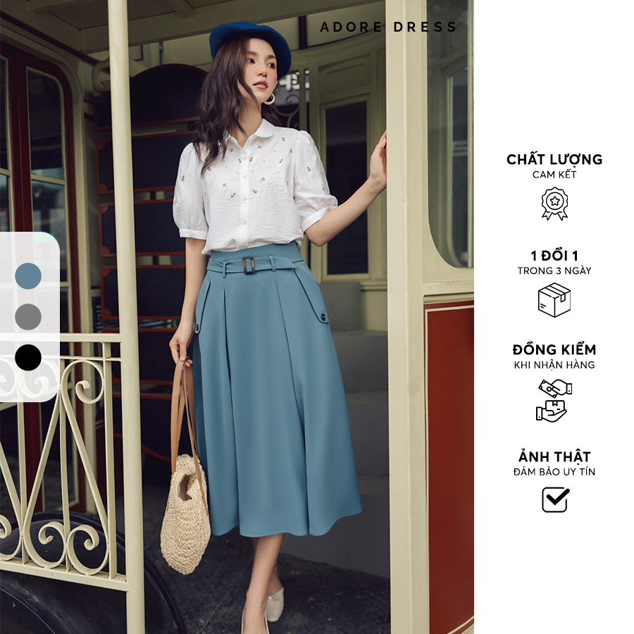 Chân váy midi tuytsy xanh pastel xếp ly 411sk2022 adore dress