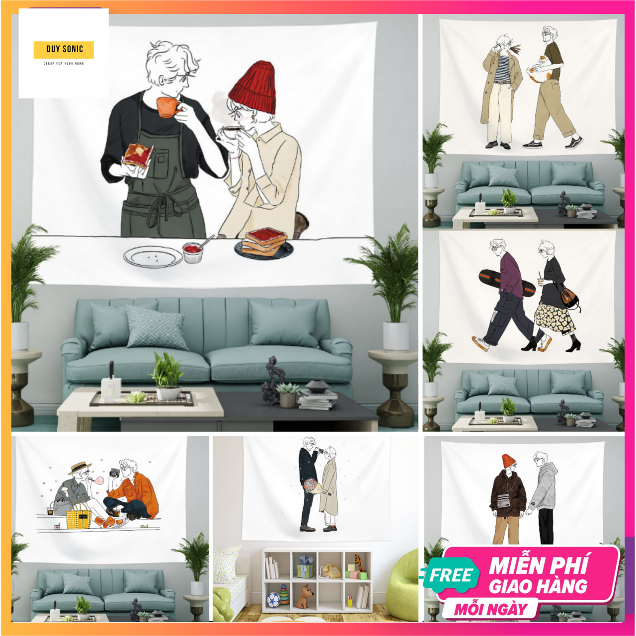 [FREE SHIP] Tranh vải treo tường (1m5x1m3) - Tặng kèm đèn led 7m và phụ kiện treo - Tấm thảm treo tường decor phòng ngủ