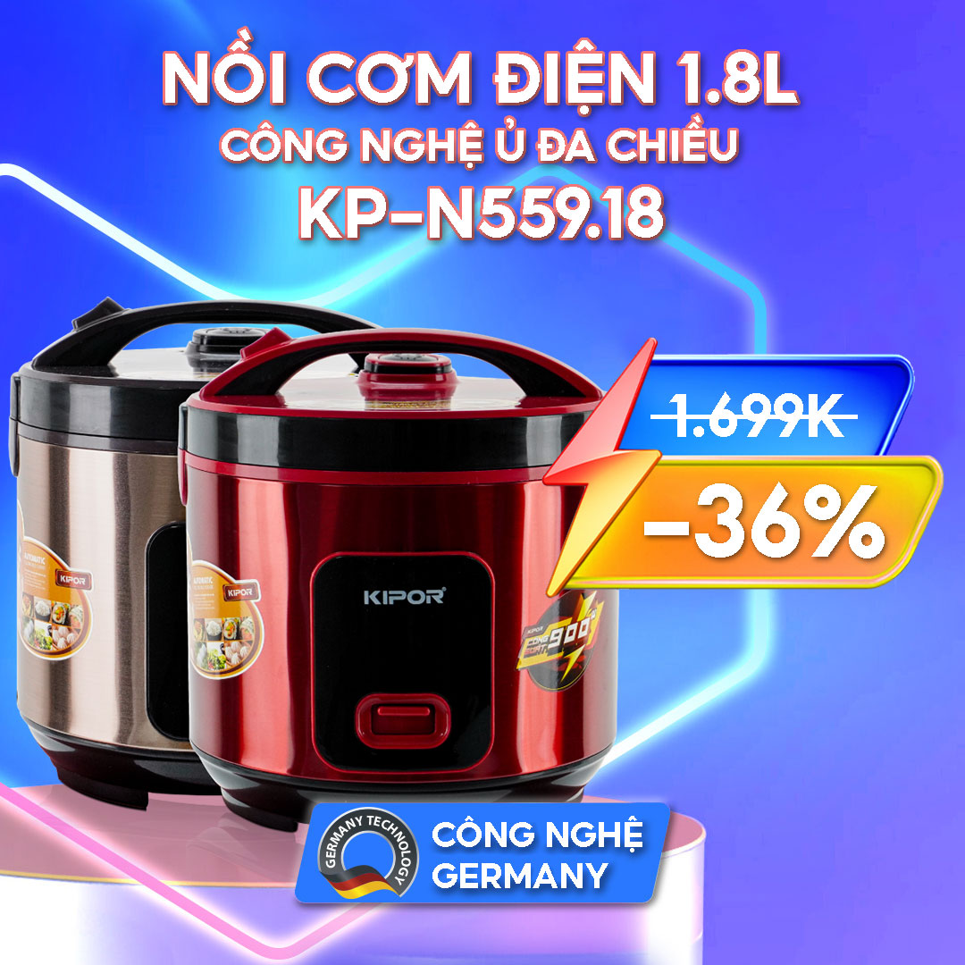 Nồi cơm điện KIPOR KP-N55918 - Dung tích 1.8L - Lòng nồi niêu chống dính CERAMIC chống trầy xước, nồi thông minh nấu cơm ngon, ủ ấm đa chiều 24h cho 4-6 người ăn