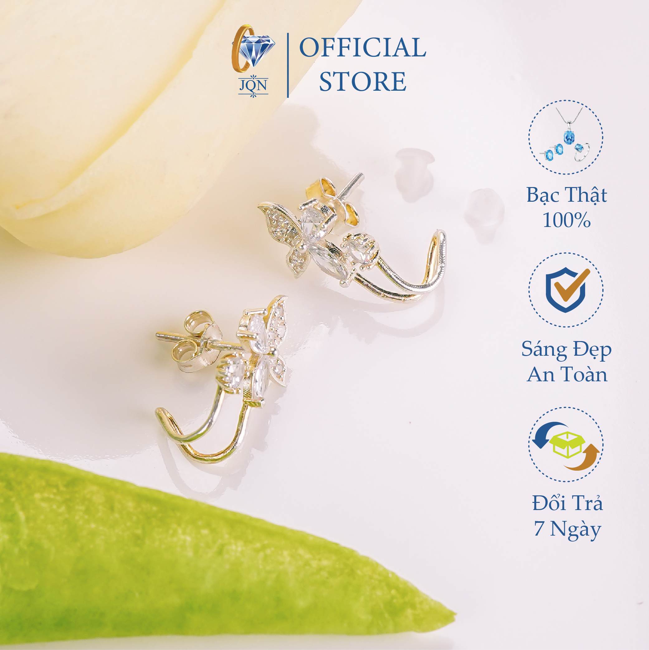 Bông Tai Bạc JQN Khuyên Kẹp Vành Tai Trẻ Trung Thời Trang