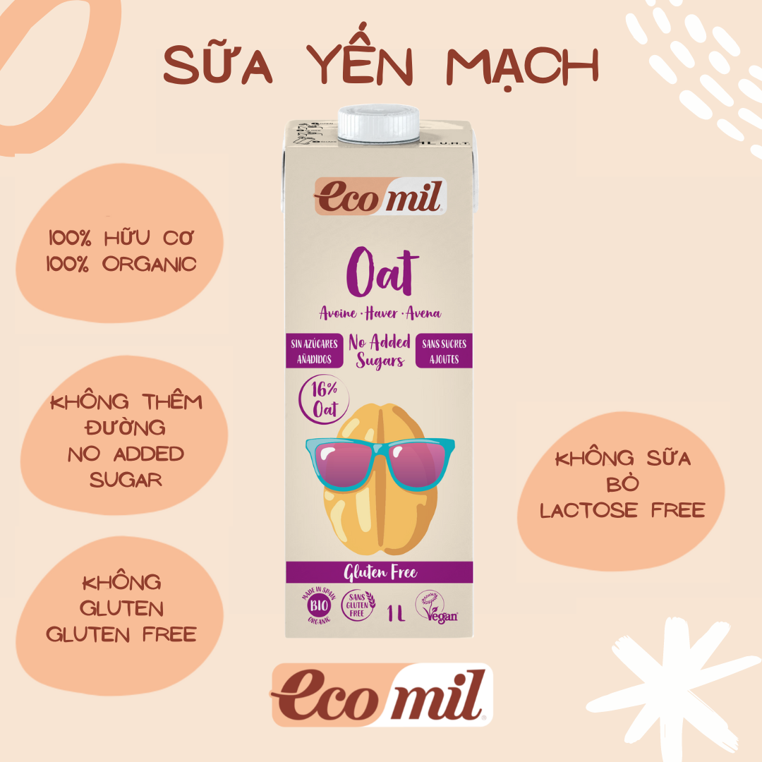 Sữa Hạt Yến Mạch Không Thêm Đường Gluten-Free Hữu Cơ Ecomil - Organic Oat Milk No Added Sugar Gluten-Free1L