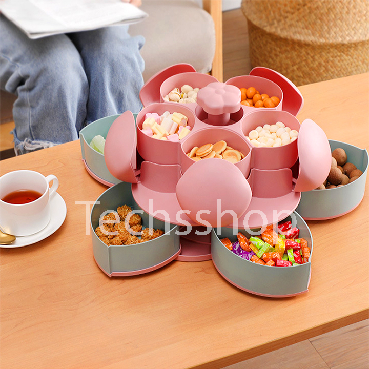Khay đựng mứt kẹo tự xoay hình cánh hoa 2 tầng - Hộp đựng bánh mứt cánh hoa sen 10 ngăn - Khay mứt tết 2024