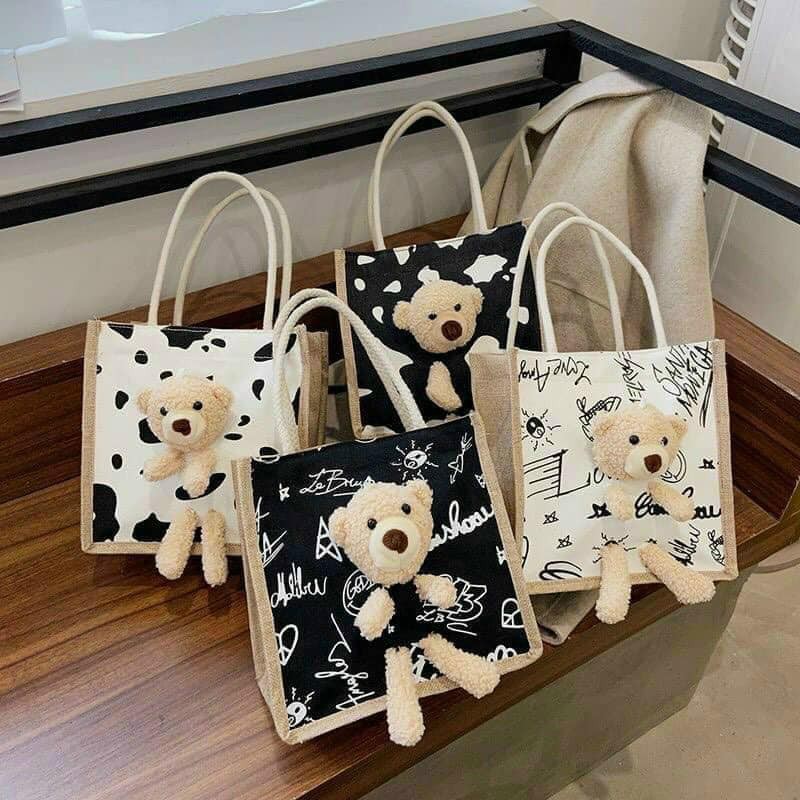 Túi cói kèm gấu teddy kute có khóa kéo hottrend hàng quảng châu xinh xắn