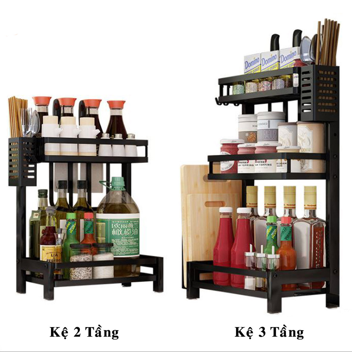 Kệ Gia Vị Đa Năng - Kệ đựng đồ nhà bếp 2 và 3 tầng cao cấp sơn đen tĩnh điện có ống cắm đũa và giá để thớt tiện lợi, đa năng, thiết kế chắc chắn sang trọng