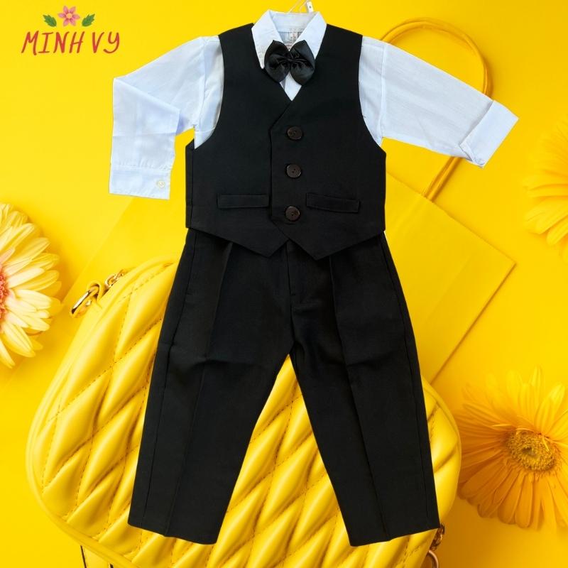 Set gile đen trắng 4 chi tiết: gile, quần tây, sơ mi trắng, nơ cho bé trai 12-20kg