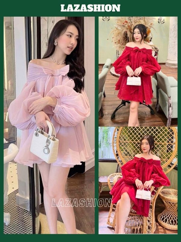 Đầm voan tơ babydoll trễ vai nơ ngực tay bồng dài - Váy thời trang nữ tính siêu xinh xắn , Váy thời trang nữ cực xinh - LAZASHION