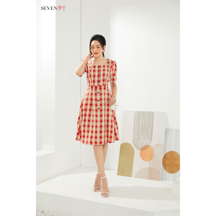 Đầm xòe tay cộc kẻ caro đỏ trắng cổ vuông seven.am fh633147