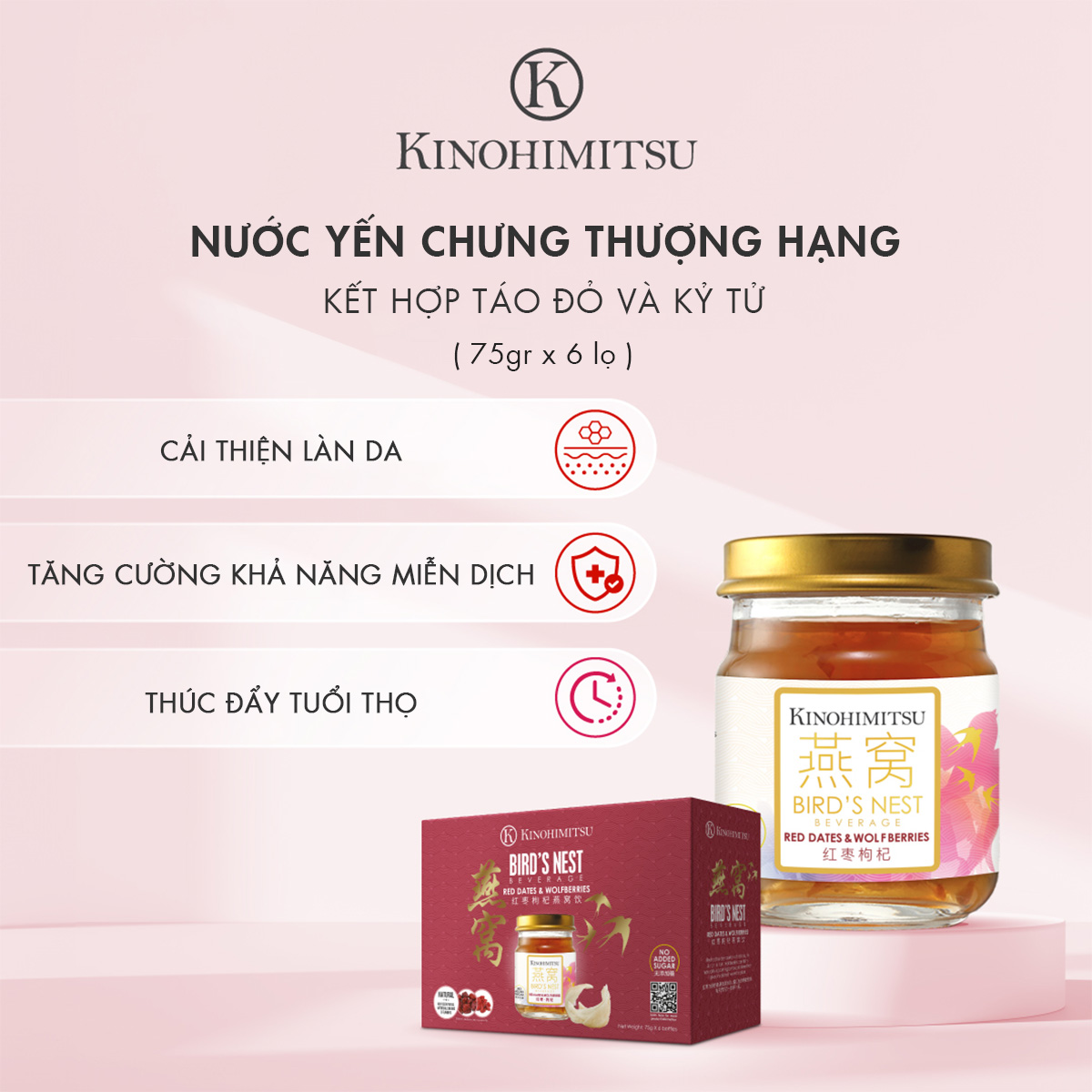 Nước yến chưng thượng hạng Kinohimitsu kết hợp táo đỏ và kỷ tử 75g x 6 lọ, 35% yến tươi, hộp quà tết