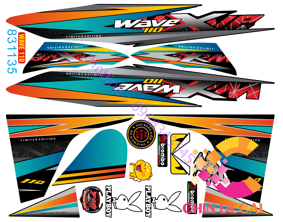 Tem rời WAVE ALPHA 110 Chế WAVE X ( Tem 3 lớp chống nước chống bay màu 831135 )