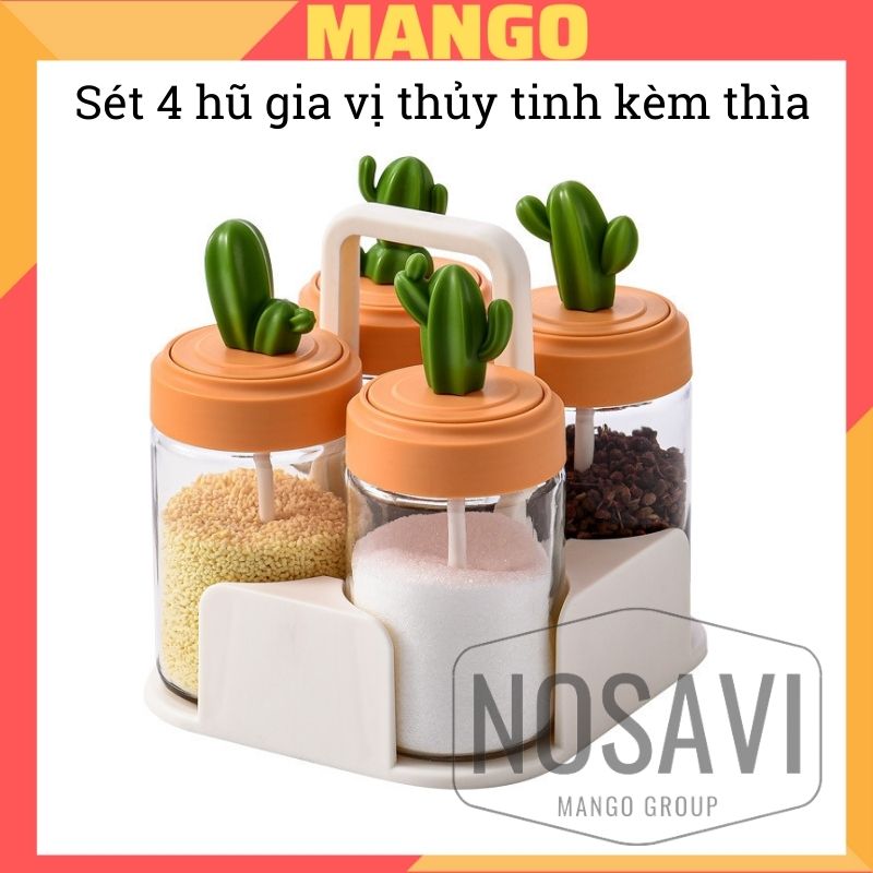 [Mua Ngay] Bộ hũ lọ đựng gia vị nắp xương rồng kèm thìa có khay đựng tiện dụng Mango. set 4 hũ cute đựng muối, mì, nêm, tiêu vv...