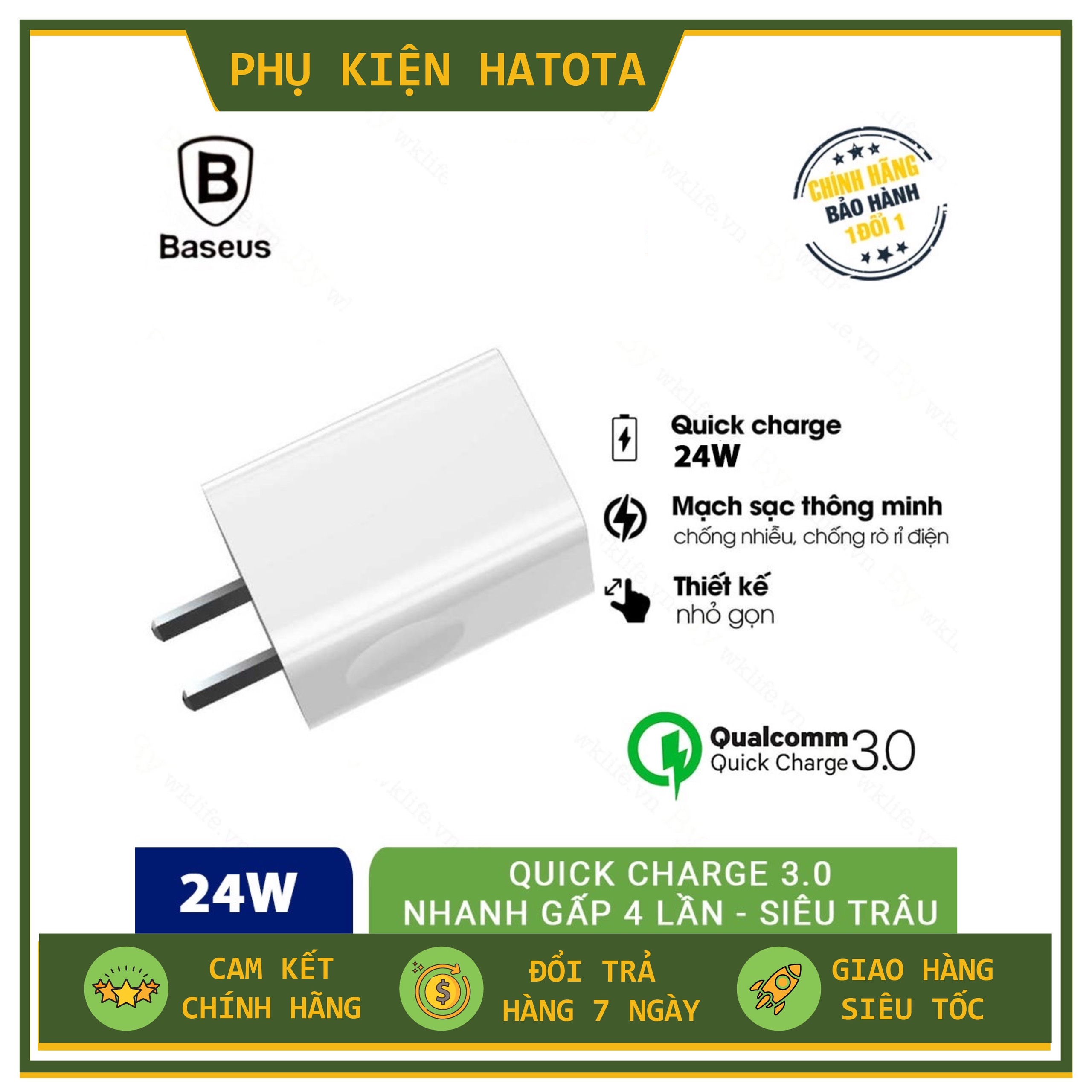 Cốc sạc củ sạc nhanh baseus 3a \ 24w quick charge 3.0 chống cháy nổ