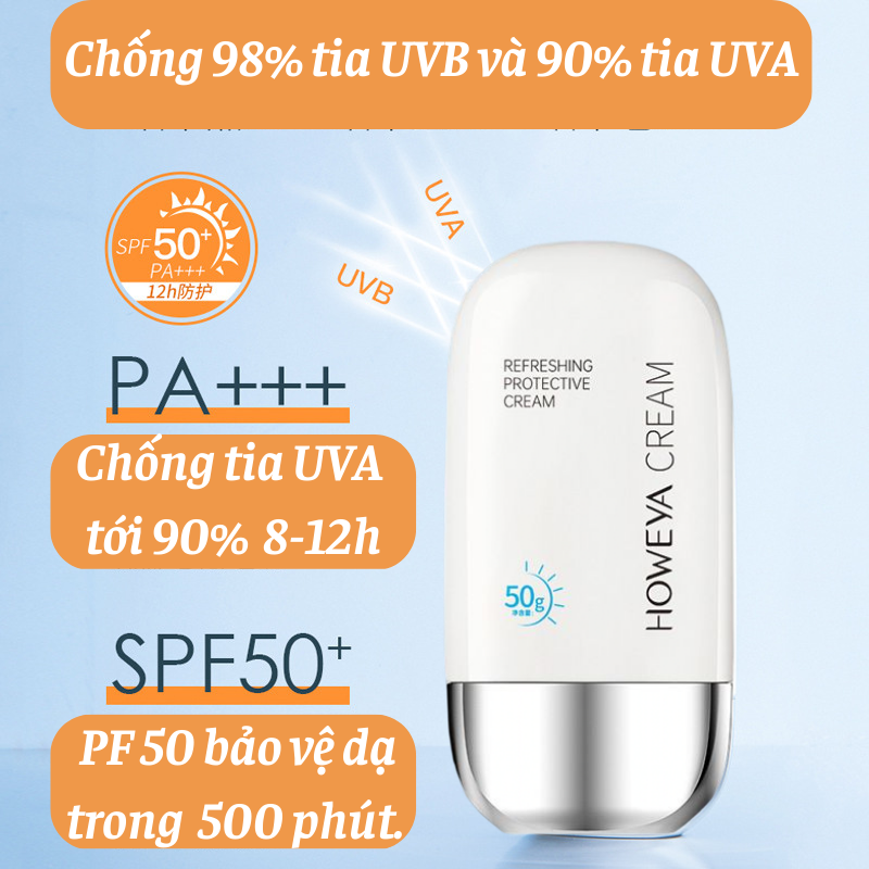 Kem chống nắng 50 spf +, pa +++, howeva cream kem chống nắng trắng da, dưỡng ẩm, kiềm dầu,
