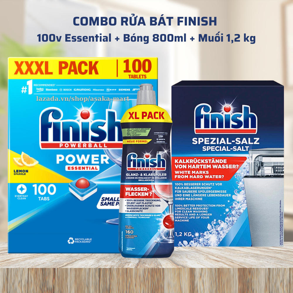 Viên rửa bát finish Essential 100 viên + Bóng finish 800ml + Muối finish 1,2kg dùng cho máy rửa bát chén vienruabat vienruabatfinish