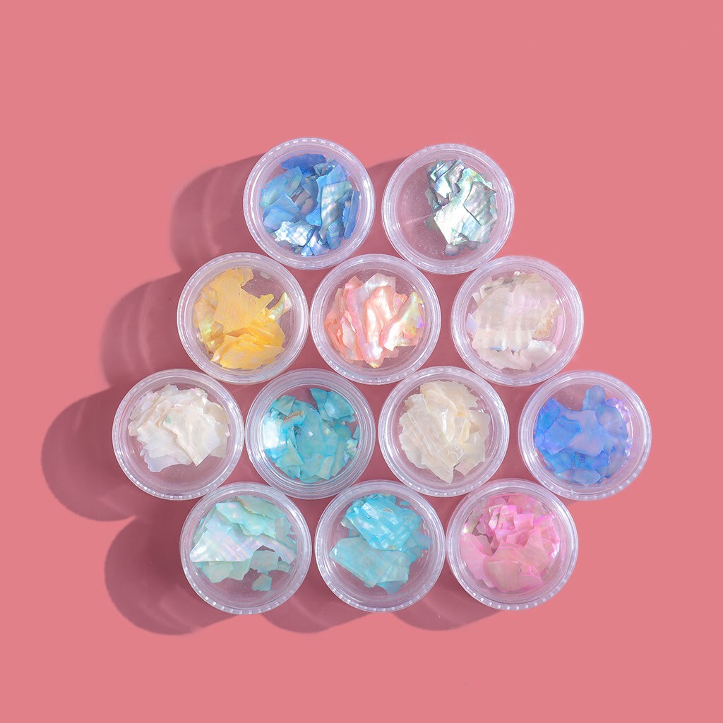 Set 12 hũ xà cừ vân đá ánh ngọc trai - xà cừ trang trí móng tay đắp ẩn gel phong cách Hàn Nhật