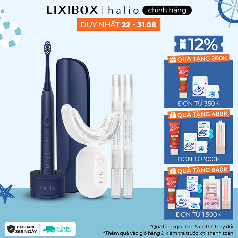 Combo Bàn Chải Điện Làm Trắng Răng Halio PRO - Midnight Blue và Máy làm trắng răng Halio Blue Light Whitening Enhancer