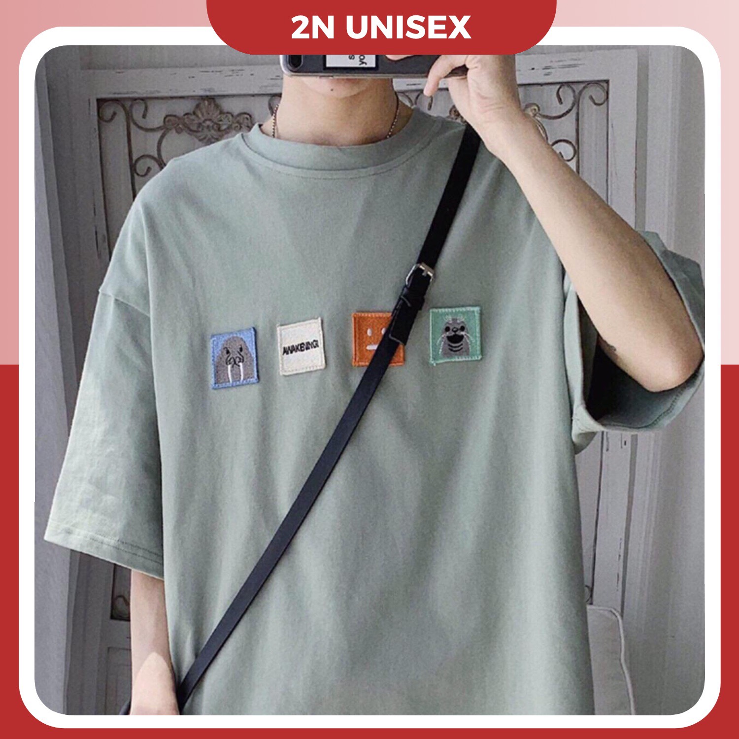 Áo phông nam nữ form rộng 2N Unisex thun cotton thêu 4 logo màu trắng/xám chì/xanh