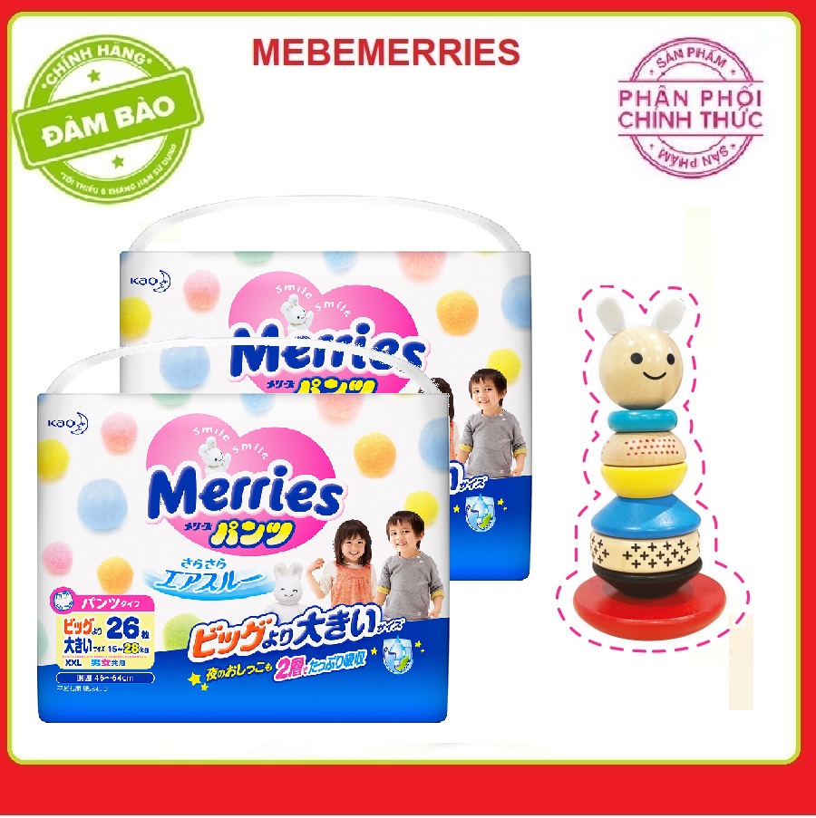 Cắt tem Mua 2 Tã/bỉm quần Merries size XXL - 26 miếng (Cho bé 15 - 28kg) - Tặng 1 bộ đồ chơi gỗ lật đật hình Thỏ