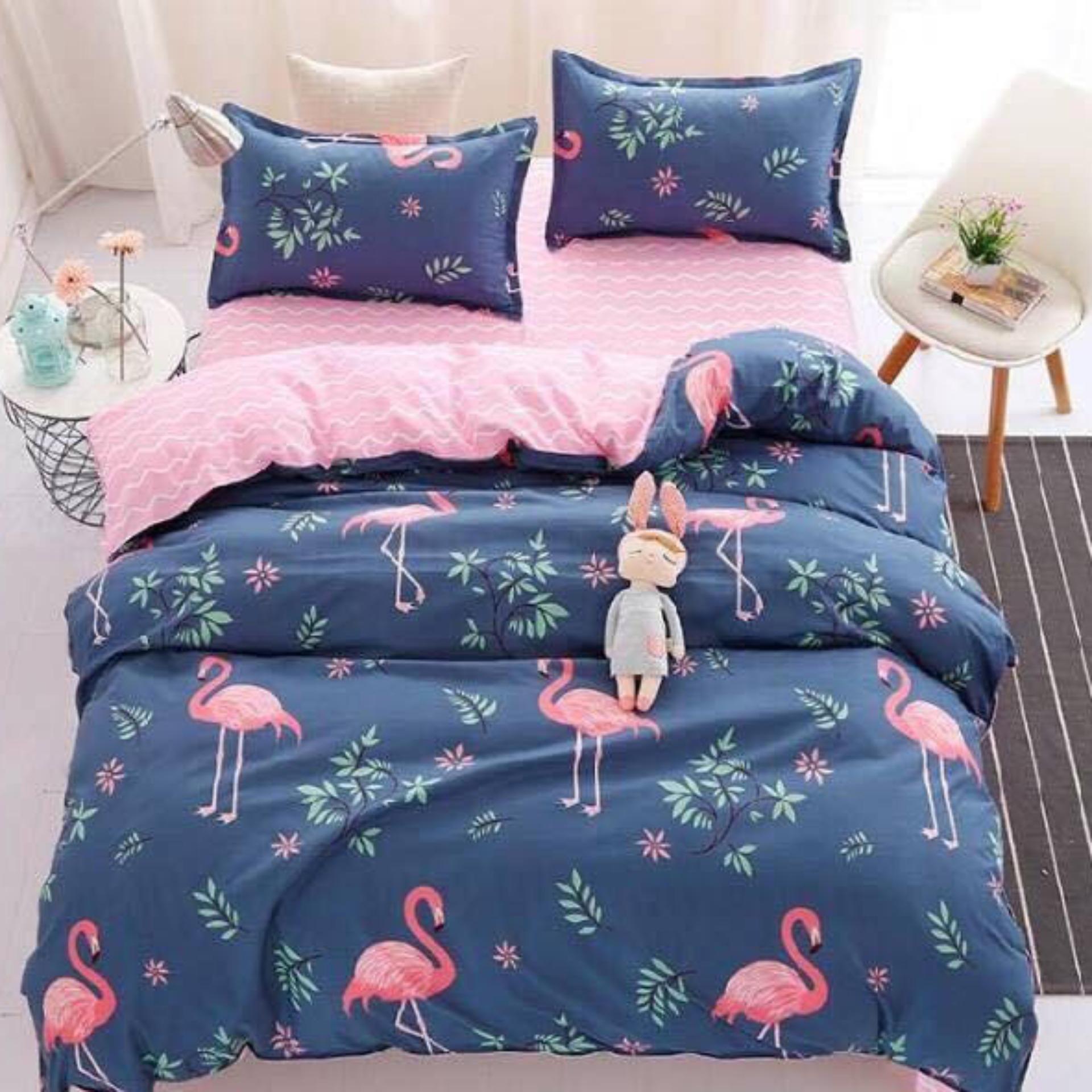 [ MIỄN PHÍ VẬN CHUYỂN ]-Bộ chăn ga gối phong cách Hàn Quốc hồng hạc nền xanh bo chun đủ kích thước