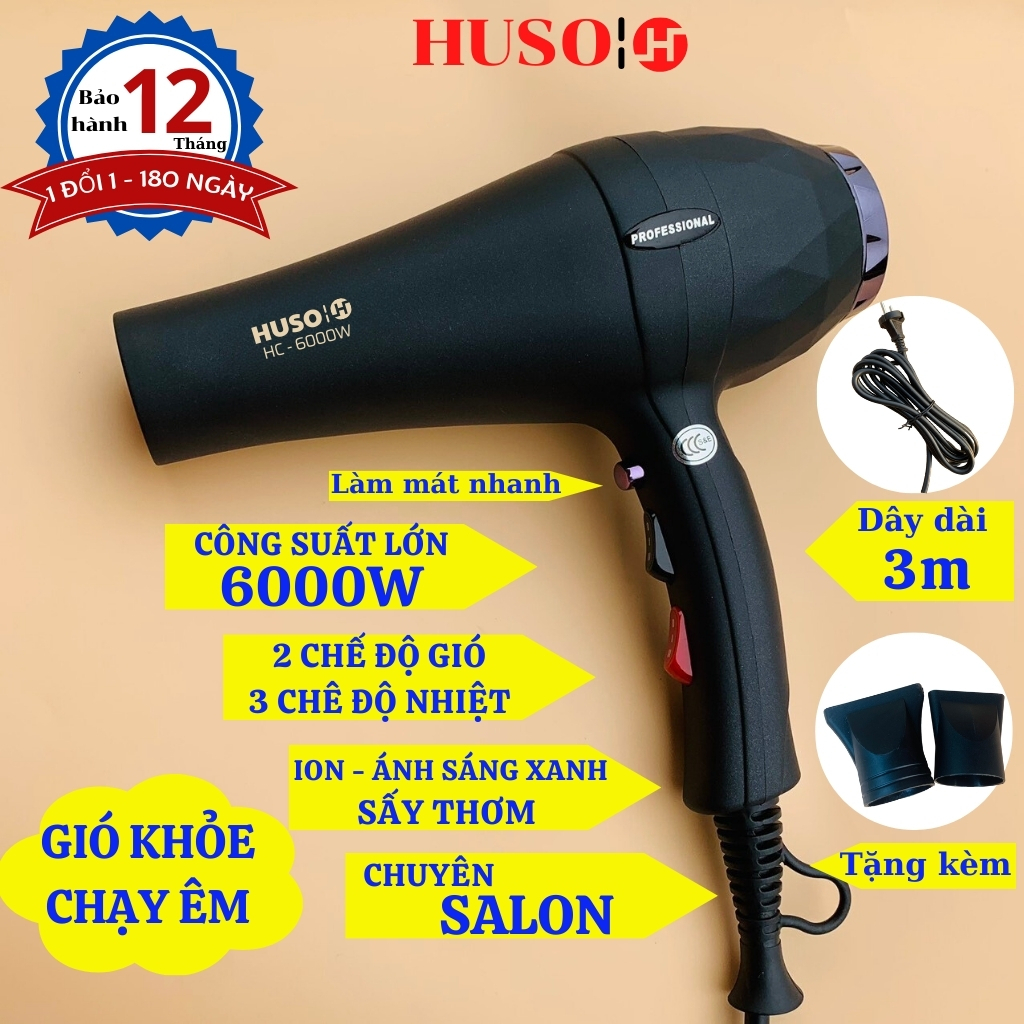 Máy Sấy Tóc HUSO Công Suất Lớn Tạo Kiểu Dành Cho Salon, 2 Chiều Nóng Lạnh, Có Ion Ánh Sáng Xanh