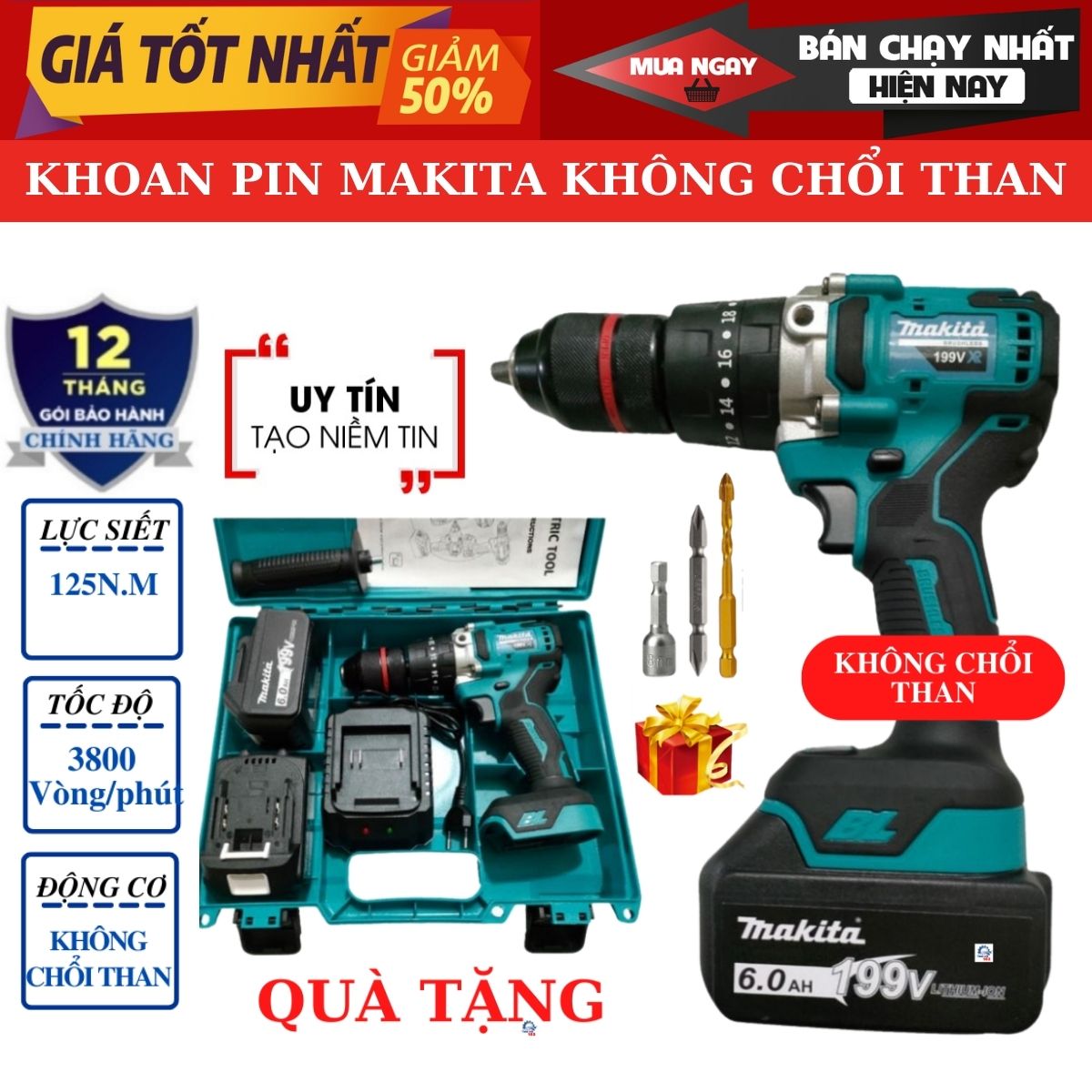 Máy Khoan Pin Makita Không chổi than Khoan Pin Makita 199VCó búa Khoan 3 chức năng 13mm