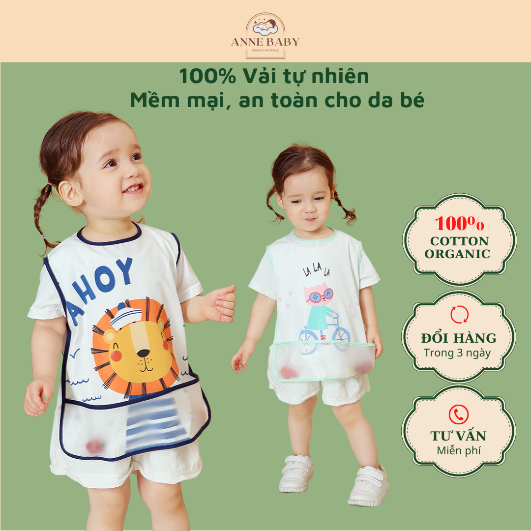 Áo Yếm Ăn Dặm Cho Bé 6-36 Tháng Cộc Tay, Vải Polyester Chống Thấm Cực Tốt, Có Máng Hứng Thức Ăn