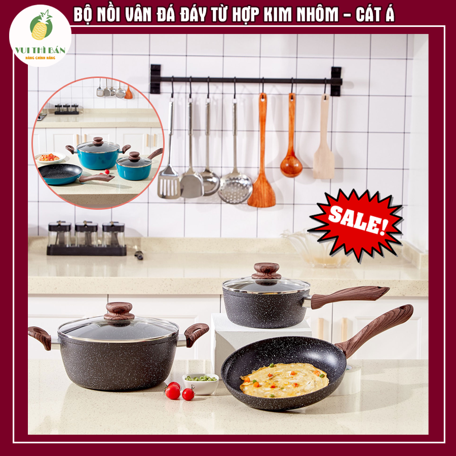 Bộ nồi vân đá đáy từ hợp kim nhôm cao cấp Cát Á - size 16-24cm - Tiện lợi, đa chức năng, phù hợp với mọi loại bếp
