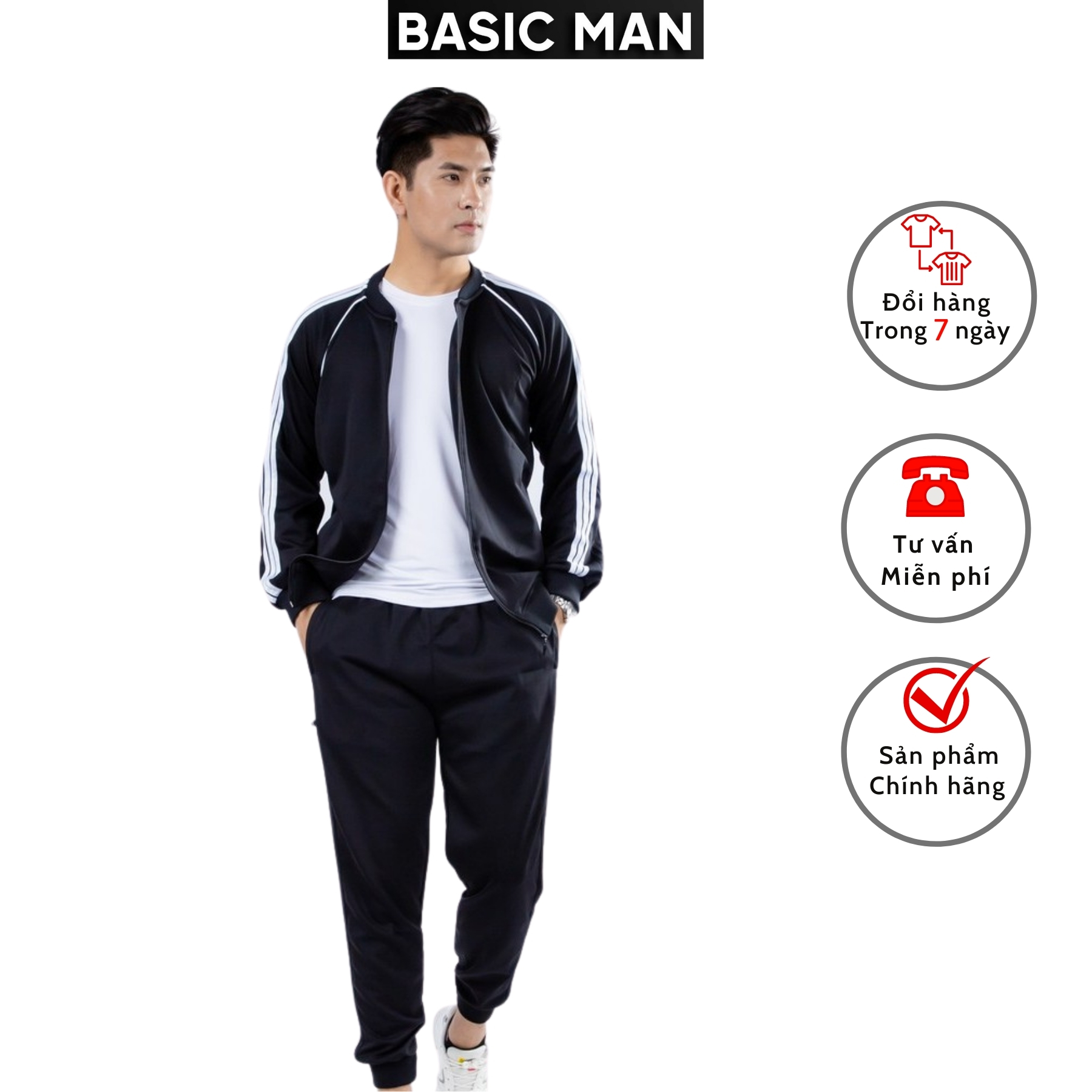 Bộ thể thao nam dài tay BASIC MAN kẻ 3 sọc thể thao giữ ấm cơ thể phù hợp đi chơi hay mặc nhà