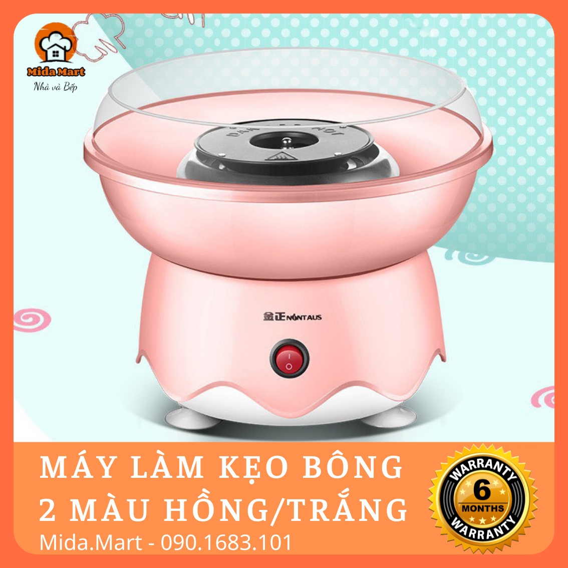MÁY LÀM KẸO BÔNG GÒN 2 MÀU HỒNG/TRẮNG CHÍNH HÃNG BẢO HÀNH 6 THÁNG
