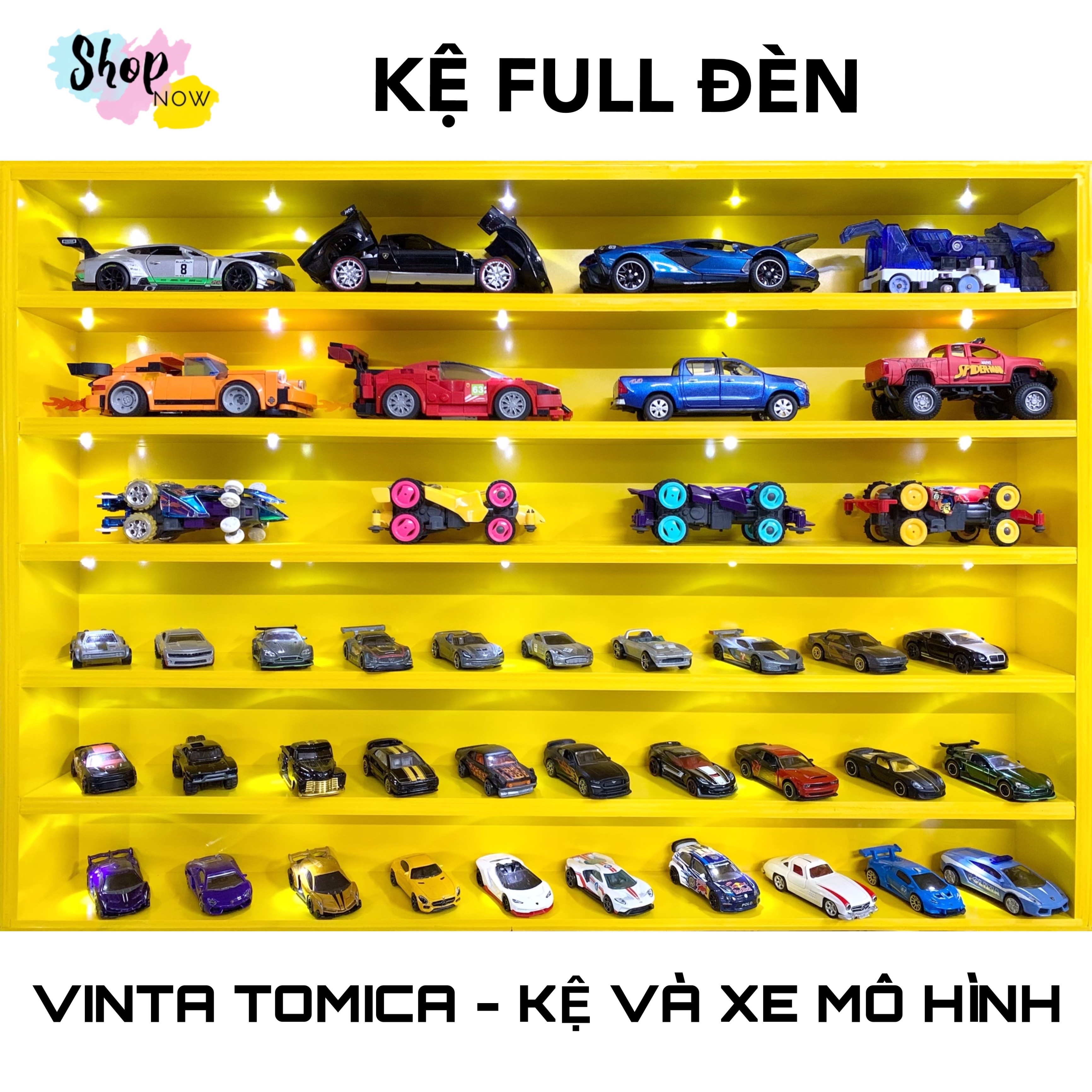 Kệ full đèn trưng xe mô hình hot wheels, tomica tỉ lệ 1:34,1:64