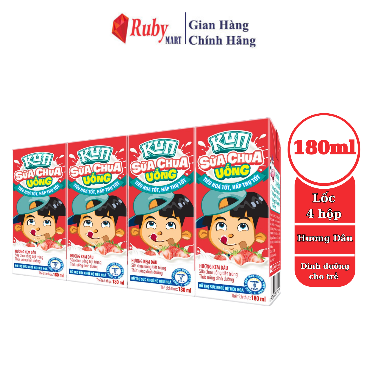 Lốc 4 hộp sữa chua uống Kun hương kem dâu 180ml