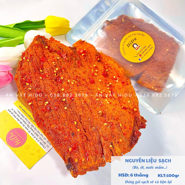 Khô bò miếng mềm hồng ngự loại ngon 100gr Ăn vặt HiDu đậm vị cay nhẹ