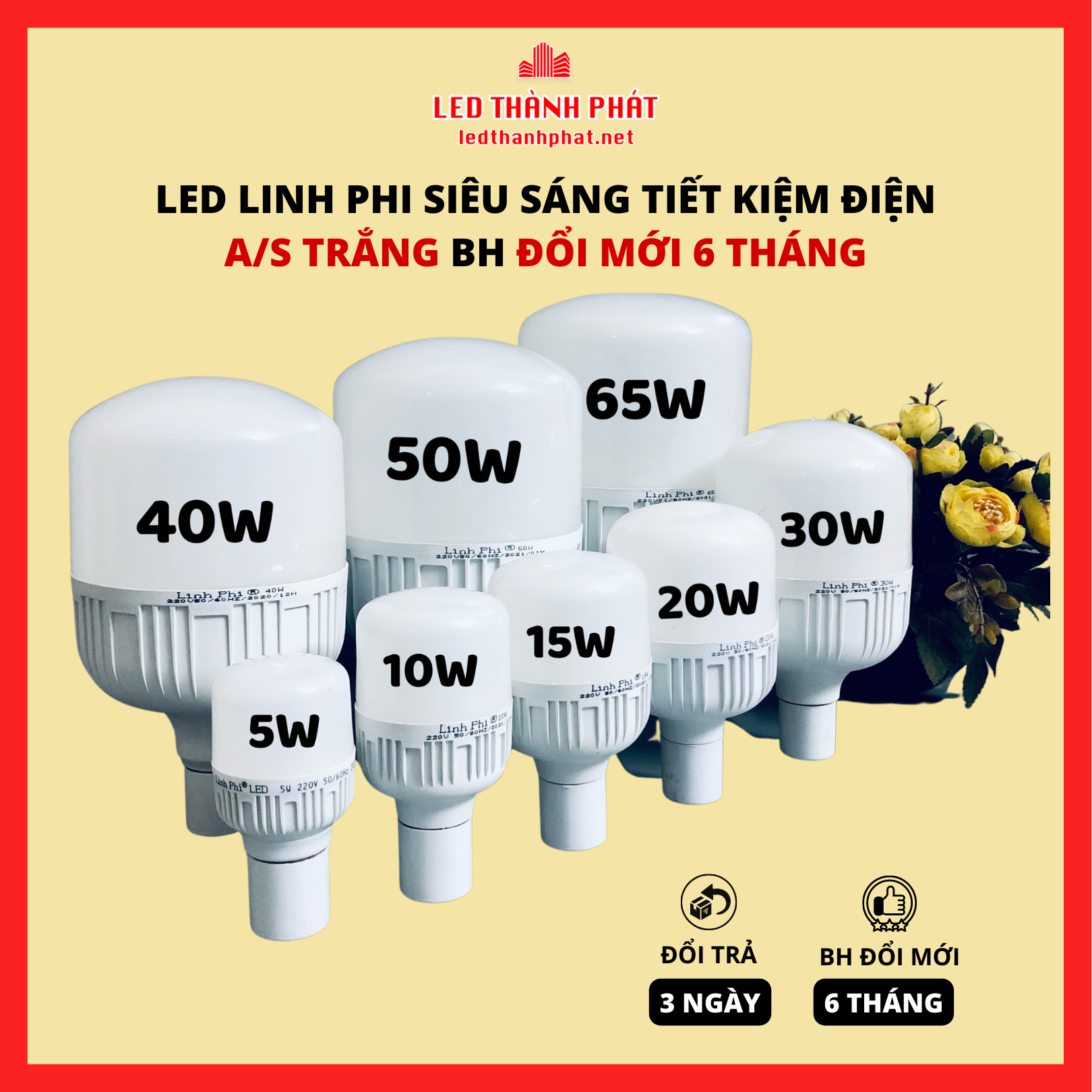 Bóng đèn led 65w 50w 40w 30w 20w 10w 5w siêu sáng tiết kiệm điện, led bulb trụ linh phi chống nước bảo hành đổi mới 6 tháng
