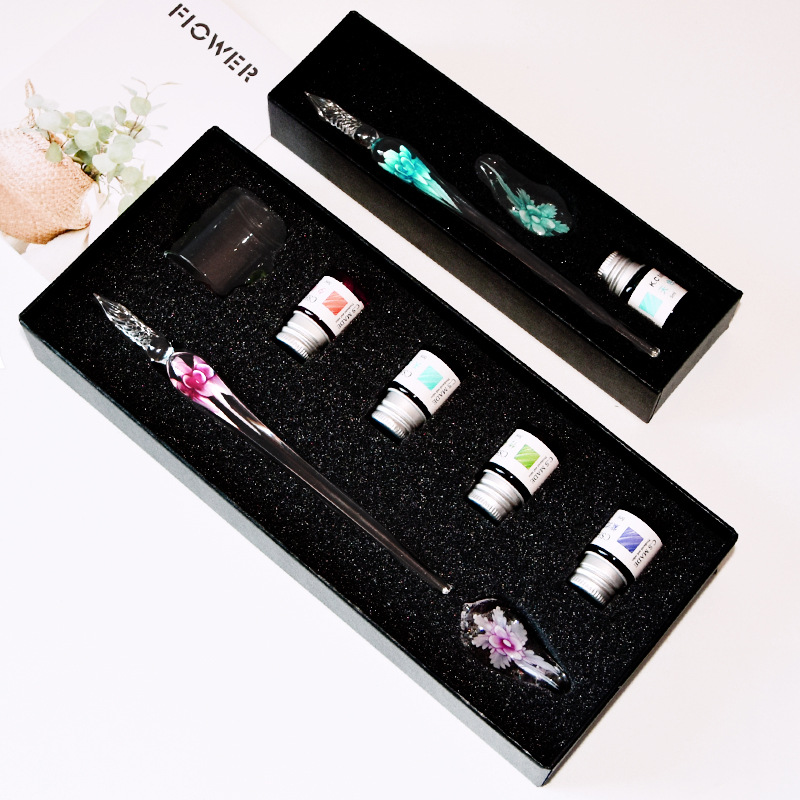 Bút lông thư pháp Thủy Tinh Pha Lê - Luyện viết tiếng trung, tập viết chữ hán, tập viết thư pháp chữ hán, luyện chữ đẹp, bút đẹp, bút giá rẻ + 4 Lọ Mực + 1 gá bút + 1 cốc pha mực + 1 Hộp quà tặng